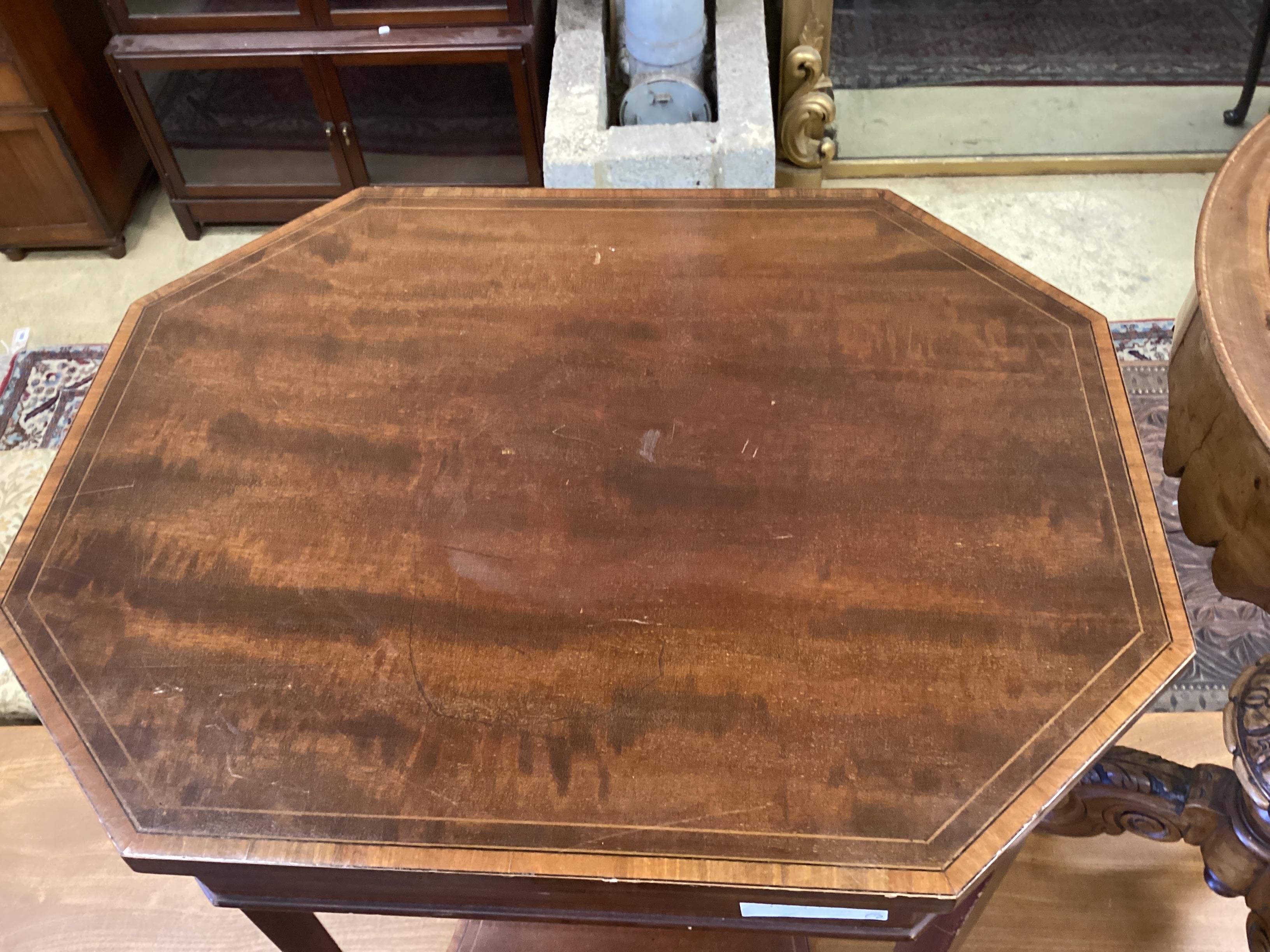 A Victorian walnut trumpet work table and an Edwardian octagonal banded mahogany work table, larger height 73cm